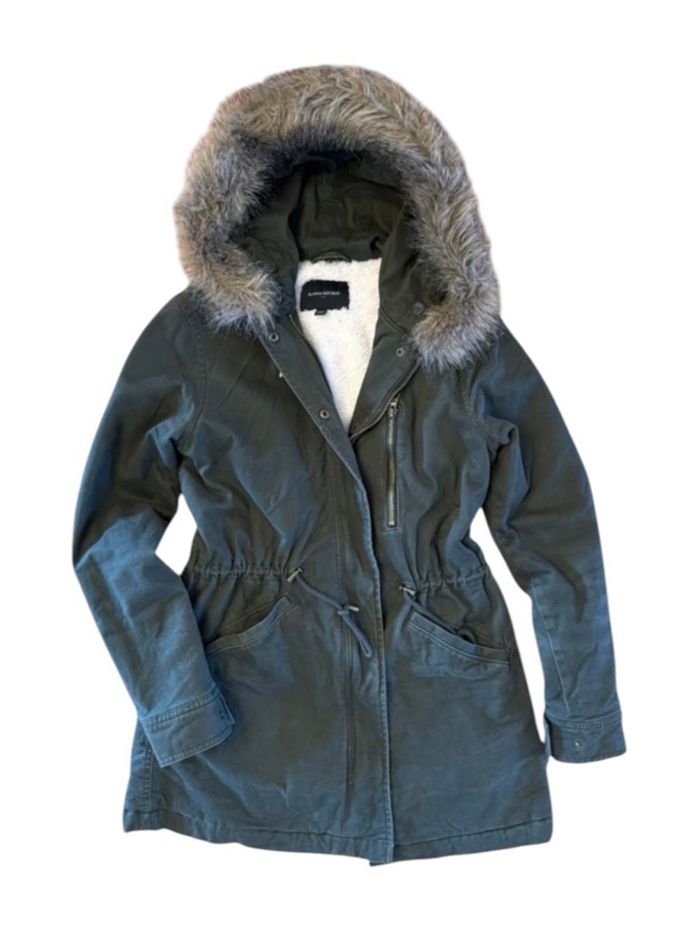 Banana Republic Sz XS Hooded Twill Parka Jacket Coat Faux Fur Peat Green/Olive